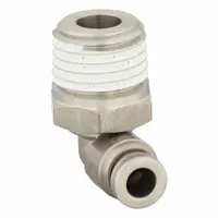 This SMC stainless steel push-to-connect elbow fitting connects 5/32 in OD tubing to a 1/4 in MNPT threaded port. It is used in pneumatic systems, instrumentation, and fluid-handling applications requiring a compact, corrosion-resistant joint