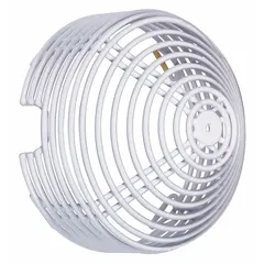 Steel guard for indoor wall-mounted photoelectric smoke detectors. White finish, 6 7/8 in overall depth. Includes mounting hardware. Protects against vandalism and damage.