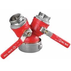 This brass wye valve body features a PTFE seal, with a Female NH inlet and two Male NH outlets (1-1/2 in x 1-1/2 in). It is used to control and branch flow in fire hydrant and standpipe systems, connecting fire hose lines with NH x NH fittings.