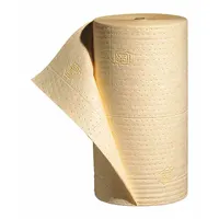This yellow polypropylene sorbent roll is 150 ft long and 30 in wide, designed for absorbing industrial fluid spills, leaks, and drips. The continuous roll provides high-capacity coverage for floors, workbenches, and equipment in maintenance, manufacturing, and processing environments