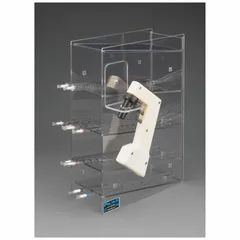 Clear PETG benchtop holder for organizing up to four serological pipettes. Overall dimensions: 4 3/4 in width, 16 in height, 11 1/4 in length. Transparent construction allows visual identification of pipette sizes and contents. Suitable for laboratory storage and transport applications.