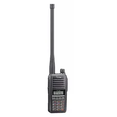 This VHF analog handheld aviation radio operates on 200 alphanumeric channels across the 118 MHz to 136.99166 MHz transmitter frequency range. It delivers 6 W output power and provides up to 17 hours of operation. Typical uses include air-to-ground and air-to-air communication for pilots, ground crew, and aviation technicians. An FCC license is required for operation.