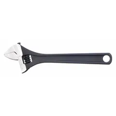 This adjustable wrench is constructed from alloy steel with a black phosphate finish. It has a 12-inch overall length and a jaw capacity of 1 1/2 inches. Suitable for tightening or loosening nuts, bolts, and fittings in plumbing, mechanical, and maintenance applications.