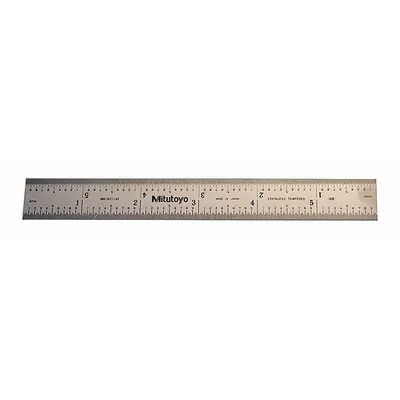 MITUTOYO Steel Rule: 182-102, 6 in, 0.05 in Thick, 1/100 in/1/64 in, Chrome, Clear - Stainless Steel Rulers