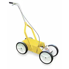 This steel line striping cart is designed for use with aerosol cans on dirt, grass, and gravel surfaces. It includes a storage compartment for convenience. Suitable for marking parking lots, sports fields, and construction zones.
