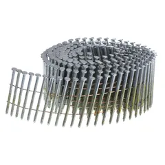 Galvanized ring-shank siding nail with blunt diamond point. 2-inch length, flat head. Used for fastening siding panels, sheathing, and trim in exterior construction. Supplied in a 3,600-count collated strip.