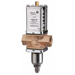 Two-way pressure-actuated water regulating valve with brass body. Adjustable pressure range from 200 psi to 400 psi. Maximum flow capacity of 33 gpm. Designed for use with R-410A refrigerant in HVAC and refrigeration systems to modulate water flow based on refrigerant pressure.