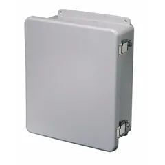 This WIEGMANN nonmetallic enclosure measures 20 inches by 16 inches by 8 inches and is constructed of fiberglass. It features a solid hinged cover with clamp closure and is rated NEMA 4X for protection against corrosion, water, and dust. Typical applications include housing electrical controls, instruments, and terminals in industrial environments where corrosion resistance is required. No knockouts are provided.