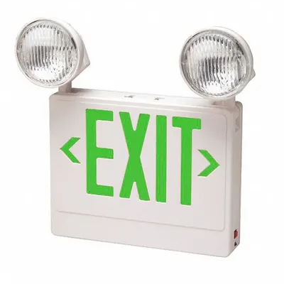 BIG BEAM Exit Sign with Emergency Lights: White, 1 or 2 Faces, Green, LED, Ceiling/Wall - Plastic Exit Signs with Round Top-Mount Light Heads