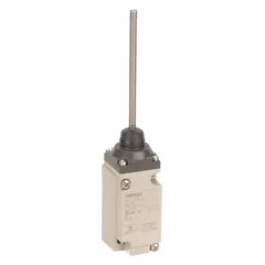 Coil-spring wobble-stick limit switch with aluminum actuator, 4.19 in length, and two mounting holes. Suitable for position sensing and safety interlocking in industrial automation, such as conveyors, packaging lines, and machine tools. Features screw terminals for wiring.