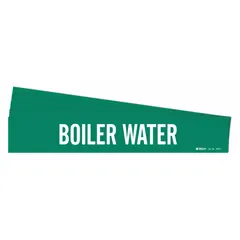 Green pipe marker with white legend reading 'Boiler Water' for identifying boiler water piping. Fits pipe outer diameters from 2-1/2 to 7-7/8 inches. Supplied as a 5-pack without arrows. Adhesive-backed for application on clean pipe surfaces.