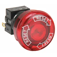 Illuminated mushroom-head push button with maintained action and 2NC contacts. Non-metallic actuator, 16 mm diameter, solder terminal connections. Used for emergency stop functions in industrial control circuits.