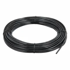 Polyurethane tubing with 1/8 in inner diameter and 1/4 in outer diameter, supplied in a 100 ft length. Black in color with a Shore A 90 to 95 hardness. Rated for maximum operating pressure of 250 psi at 180°F. Suitable for pneumatic and fluid transfer applications in industrial automation, packaging, and material handling systems.