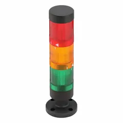 Three-tier tower light assembly with amber, green, and red steady light tiers. Operates at 120V AC with an overall height of 8 5/8 inches. No sounder tier. Provides visual status indication for industrial machinery and process control systems.