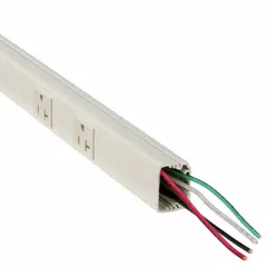 Nonmetallic prewired outlet raceway strip with a white PVC housing measuring 1 3/8 in W x 1 1/16 in H and 6 ft length. Provides 12 NEMA 5-20R outlets across two circuits, suitable for distributing power in commercial and industrial settings such as workstations, labs, and light manufacturing areas.