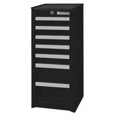 This WESTWARD side cabinet is designed for light-duty storage in workshops and industrial facilities. It features seven black drawers with ball bearing slides for smooth operation and a padlock locking system to secure contents. Dimensions are 15 1/2 inches wide by 18 1/16 inches deep by 33 13/16 inches high.