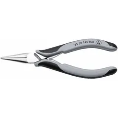 ESD-safe needle-nose pliers with smooth jaws, 1 3/8 in jaw length, and 1/8 in tip width. Suitable for precision gripping, bending, and cutting in electronics assembly and repair, allowing work on small components without damaging sensitive surfaces.