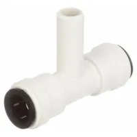 This WATTS tee adapter is a polysulfone push-to-connect fitting with three 1/2 in OD ports. It allows tool-free branch connections in tubing systems for potable water, pneumatic, and low-pressure fluid applications