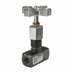 Manual two-way precision needle flow control valve with rotary knob actuator. Constructed of steel with #12 SAE O-Ring Boss connections on both ports. Maximum flow rate 25 gpm. Used for precise flow regulation in hydraulic systems.