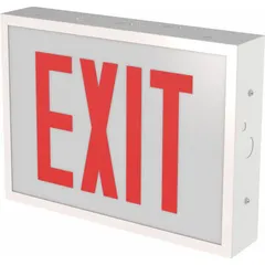 White steel LED exit sign with universal field-selectable red/green chevrons for end-mount orientation. Operates on 120/347 V and includes a nickel-metal hydride battery backup for emergency illumination. Suitable for commercial and industrial facilities requiring reliable egress marking.