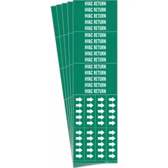 Green adhesive pipe marker with white legend reading 'HVAC Return' and directional arrows. Designed for pipes with outer diameter of 3/4 inch and smaller. Pack of 3 markers for identifying return air lines in HVAC systems.