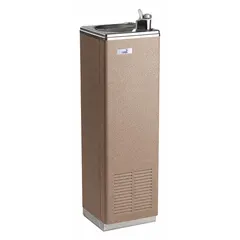 Hand-operated drinking fountain with a tan housing. Operated by a knob. Overall height 40-1/4 inches, overall width 12 inches. Suitable for commercial and institutional settings such as schools, offices, and public buildings.