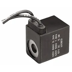 Solenoid coil for inline air control valves, rated for 120V AC operation. Features molded wires and an IP65 enclosure rating. Suitable for use in pneumatic systems for automation, packaging, and material handling applications within a temperature range of 14°F to 120°F.