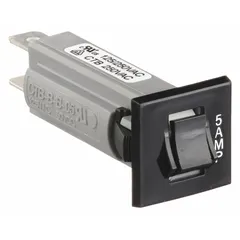 This 5 A rocker-style miniature circuit breaker is designed for front-panel mounting via a snap-in bezel. Rated for 125/250V AC and 50V DC, it features 1/4 in tab terminals and a depth of 2.23 in. Typical applications include overcurrent protection in control panels, HVAC equipment, and power distribution units.