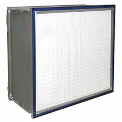 This 95% DOP HEPA-type air filter measures 12 in x 24 in x 12 in and features a galvanized steel frame. Designed for downstream face installation, it provides 95% filter efficiency for capturing airborne particles in HVAC systems. Suitable for use in cleanrooms, laboratories, and other controlled environments requiring high-efficiency filtration.