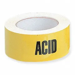 Yellow adhesive pipe markers with black 'Acid' legend, supplied on a roll. Each marker fits pipe outer diameters of 3 inches and larger. The set includes 12 markers without arrows, suitable for identifying acid lines in industrial piping systems.