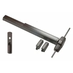 Surface-mounted vertical rod exit device with Touchbar and Thumbpiece Pull. Bronze construction. For doors up to 3 ft wide. Suitable for commercial egress applications requiring push-pull operation.