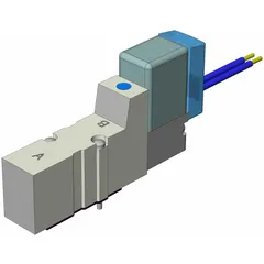 Five-way, two-position directional control valve from the SYJ3000 series. Single solenoid, 24 VDC operation, 5 ports, die cast zinc body. Used in pneumatic systems to direct compressed air to actuators or cylinders in industrial automation and material handling applications.