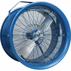 This high-velocity industrial fan is designed for ceiling mounting to provide spot cooling and air circulation in large spaces. It features a 30-inch blade driven by a 1 hp motor, operating on 115/208 to 230V AC with a single speed. The non-oscillating unit is suitable for warehouses, factories, and workshops where floor space is limited.