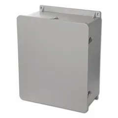 Fiberglass submersible enclosure measuring 24 x 20 x 10 inches with a hinged solid cover. Rated NEMA 1, 12, 3R, 4X, and 6P for protection against corrosion, water ingress, and washdown environments. Closure via padlock hasp; no knockouts provided. Suitable for housing electrical controls and terminations in wet or corrosive indoor/outdoor locations.