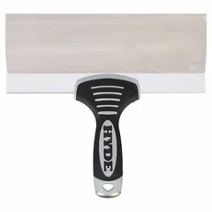 Straight stainless steel blade with plastic handle for applying and smoothing joint compound on drywall seams. Corrosion-resistant construction suits repeated use with wet compounds, adhesives, and patching materials in construction and renovation.