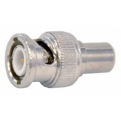 Male BNC connector with silver finish, crimp-on attachment, and 4 GHz maximum frequency. Sold in a pack of 10. Used to terminate unused coaxial cable ports in RF and video systems, preventing signal reflection and interference.