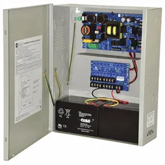 Steel-enclosed power supply board with 115V AC input, delivering 24VDC at 10A. Features eight PTC-protected outputs for distributed power in access control and security systems, suitable for powering locks, readers, and panels.