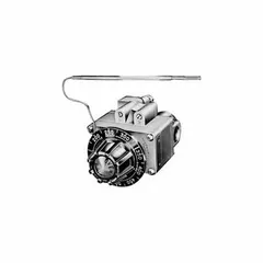 Gas thermostat for natural gas cooking equipment, with a dial range of 300°F to 650°F. Features a 54-inch capillary, 3/16-inch bulb diameter, and 1/2-inch pipe connection. Suitable for controlling oven or fryer temperatures in commercial kitchens and food-service operations.