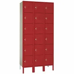 This assembled louvered metal box locker in red provides secure personal storage for clothing and equipment in industrial facilities, schools, and gyms. It features 6 tiers and 3 units wide, with a padlock hasp for user-supplied locks. No number plates included.