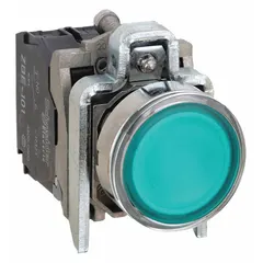 Momentary illuminated push button with flush profile, metallic operator, 22 mm mounting hole, and 1NO/1NC contact configuration. Suitable for machine control and panel signaling in industrial automation environments.