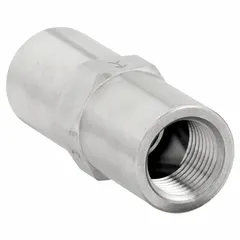 This inline piston check valve features a stainless steel body and piston, with 3/8 in FNPT x FNPT connections. It is used to prevent backflow in piping systems handling liquids or gases, suitable for moderate-pressure fluid applications.