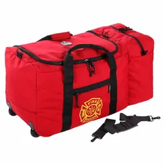 This red polyester duffel bag measures 31 inches in length, 14 inches in width, and 14 inches in depth. It features a zipper closure and a removable, adjustable shoulder strap for transporting heavy gear. Suitable for carrying medical equipment and supplies.
