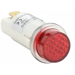 Red neon indicator pilot light with a nylon body and 0.187 in tab electrical connection. Designed for 12 mm panel mounting hole. Used for visual status indication in control panels, machinery, and industrial systems.
