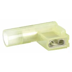 Fully insulated flag disconnect made of nylon with full coverage. Accommodates wire sizes from 12 AWG to 10 AWG. Used for quick and safe disconnection of electrical circuits in control panels, machinery, and power distribution systems.