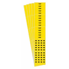 Yellow adhesive pipe markers with black 'Pump' legend and flow-direction arrows. Each pack contains 5 markers (3 pipe markers per pack). Designed for pipes with outside diameter of 3/4 inch and smaller. Used to identify pump-related piping in industrial facilities.