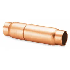 Spring-loaded ball check valve with copper body and 1 1/8 in connections. Designed for refrigerant systems to prevent reverse flow in liquid, suction, or hot gas lines. Features a 4 in cut out for installation.