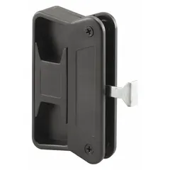 This sliding handle and latch kit is designed for use on sliding screen doors. It provides a pull handle and latching mechanism for residential or light-commercial entryways. The kit is black with an unfinished finish and has an overall height of 3 5/8 inches and an overall length of 1/2 inch.