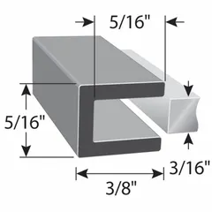 Neoprene rubber edging with a square profile designed to fit material thickness of 3/16 in. Leg length is 3/8 in and trim width is 5/16 in. Used to protect and finish raw edges on panels, enclosures, and machinery, providing a flexible seal against moisture, dust, and vibration.