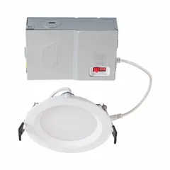 This 4-inch diameter low-profile canless downlight operates at 120V AC and consumes 9W, delivering 650 lumens at 3500K color temperature. It is dimmable and accepts trim color sold separately. Suitable for recessed lighting in commercial and industrial spaces such as offices, corridors, and retail areas.