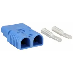 This plug-in connector is rated for 175A maximum current and accepts 2-gauge wire. The blue housing provides a quick-disconnect interface for high-current electrical connections in battery banks, power distribution, and industrial equipment.